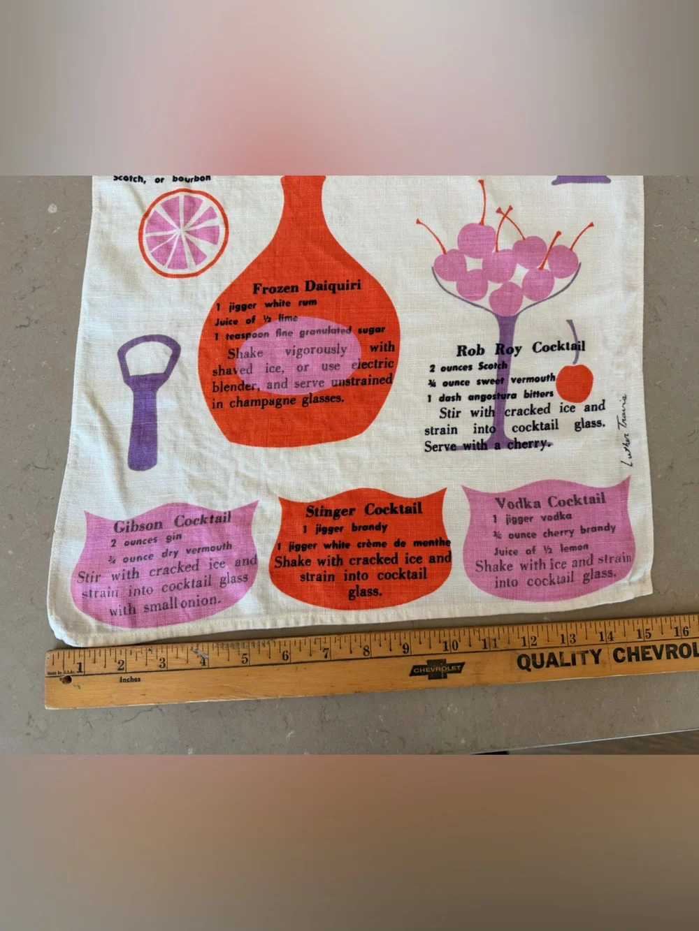 Vintage Luther Travis Cocktail Recipe Kitchen Tea Towel MCM - Pink Orange Purple